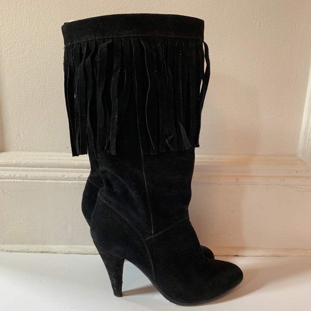 Women’s suede fringe black boot heels